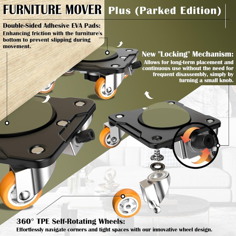ONEON Furniture Mover Plus Parked Edition with Furniture Lifter, Periodic Moving Needs, Parking Lock Design, Lock Dollies for Long-Term Stability of Heavy Items, No Frequent Setup & Removal - Image 2